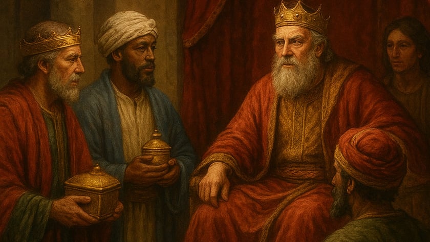 Dois homens com presentes dourados diante de um rei barbudo sentado em um trono.