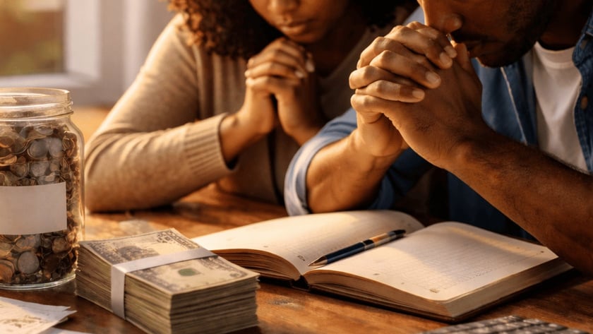 Casal de cabeça baixa e mãos unidas à mesa, com dinheiro, moedas e gráficos.