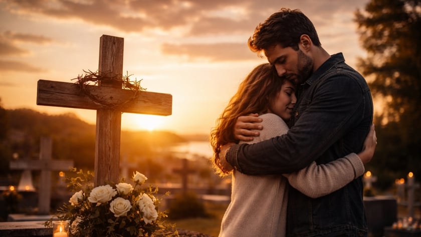 Homem e mulher abraçados ao lado de uma cruz de madeira com rosas brancas.