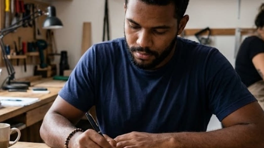 Homem de camiseta azul escreve em caderno ao lado de bíblias abertas, em oficina.