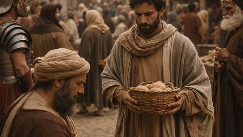 Homem de barba segura uma cesta de pães diante de um cambista numa praça movimentada.