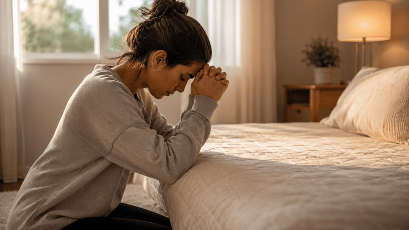 Mulher ajoelhada ao lado da cama, com as mãos unidas junto à testa e olhos fechados.