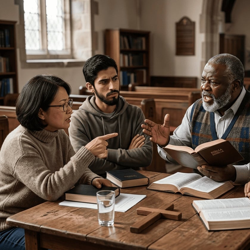 Três pessoas conversam em volta de uma mesa com Bíblias dentro de uma igreja.