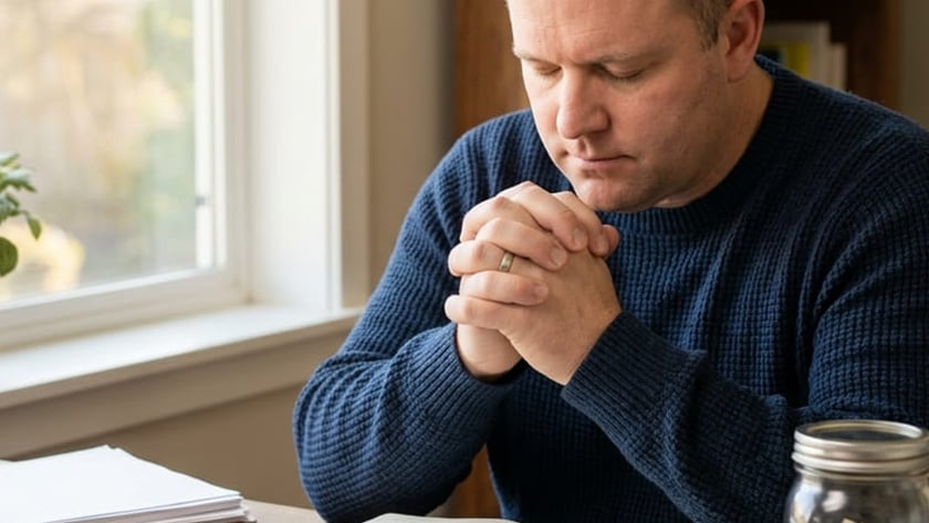 Homem de suéter azul reza de olhos fechados diante de uma Bíblia aberta, calculadora e papéis.
