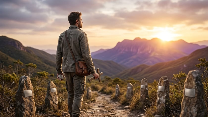 Homem de costas segura uma cruz de madeira e uma pedra numa trilha de montanha.