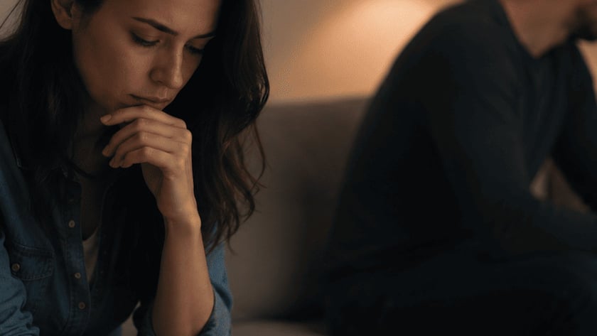 Mulher olha o celular em um sofá, com um homem sentado ao fundo.
