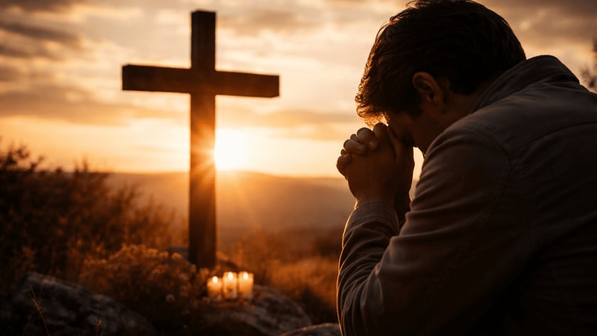 Homem de mãos postas e cabeça baixa diante de uma cruz de madeira, com velas.