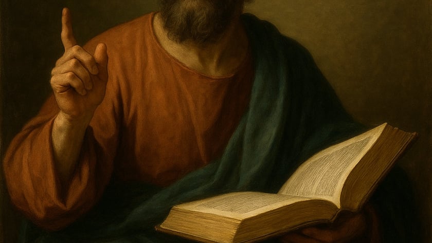 Homem barbudo de túnica laranja e manto azul aponta para cima, segurando livro aberto.