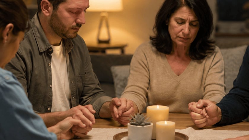 Cinco pessoas de mãos dadas e olhos fechados ao redor de uma mesa com velas.