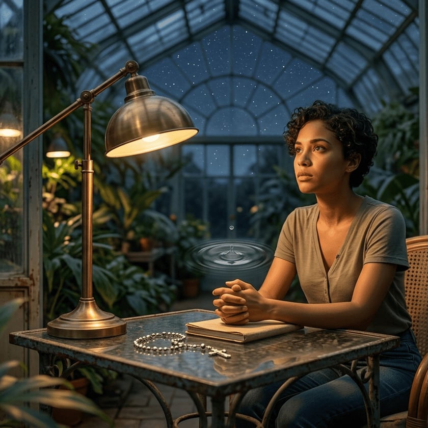 Mulher de cabelo curto e cacheado sentada à mesa numa estufa, com terço e livro.