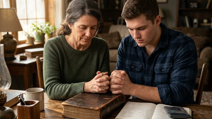 Mulher e rapaz de mãos juntas e olhos fechados, rezando à mesa sobre uma Bíblia.