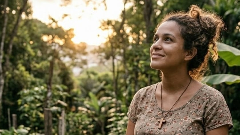 Mulher grávida sentada em horta cercada de mata, com Bíblia no colo e xícara ao lado.