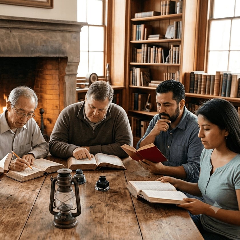 Quatro pessoas leem e estudam livros em uma mesa rústica, diante de uma lareira.