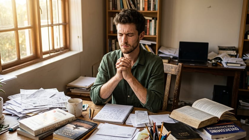 Homem de camisa verde, de olhos fechados e mãos juntas, sentado à mesa cheia de papéis e livros.