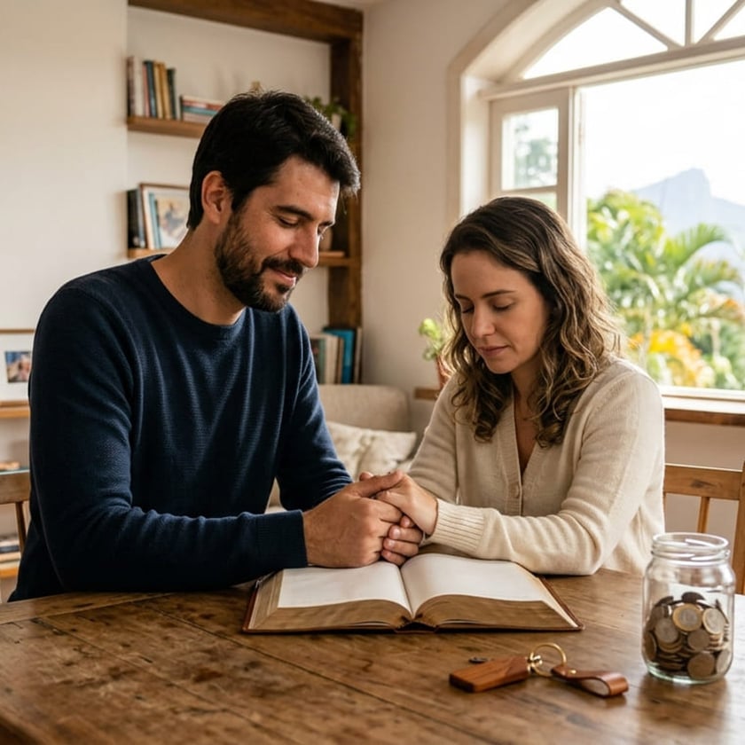 Homem e mulher de mãos dadas e olhos fechados sobre um livro aberto, à mesa.