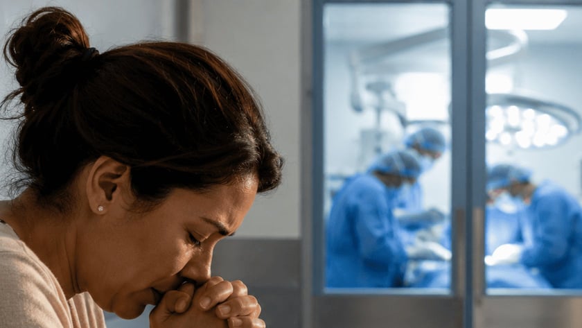 Mulher de olhos fechados e mãos unidas junto ao rosto, sentada em corredor de hospital.