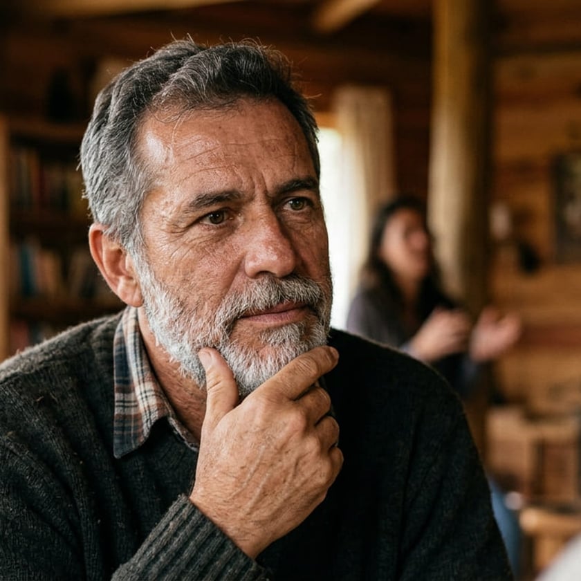 Homem grisalho de barba, com a mão no queixo, sentado em cabana de madeira.