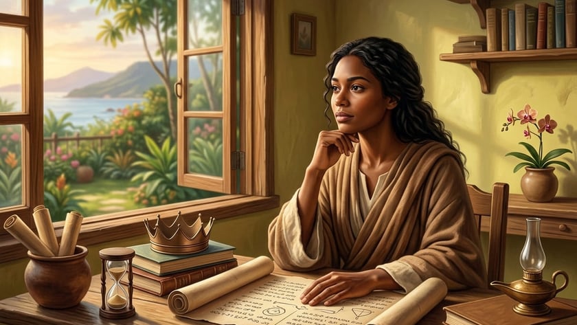 Mulher de manto marrom, sentada à mesa com pergaminhos, olha pela janela para o mar.