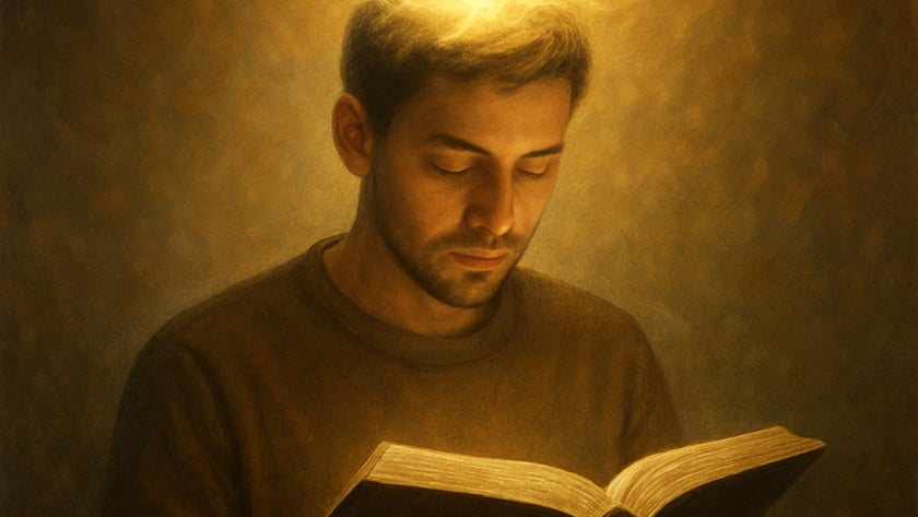Homem de barba curta lê um livro aberto, com um brilho dourado sobre a cabeça.