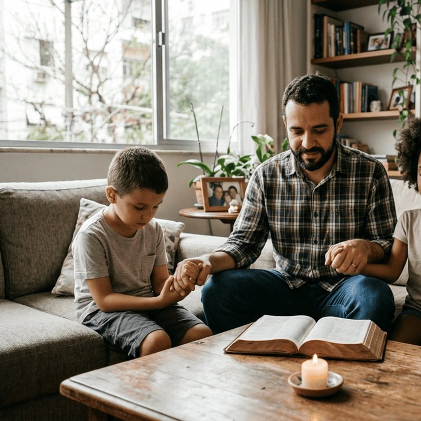 Pai e duas crianças de mãos dadas no sofá, com uma Bíblia aberta na mesa.