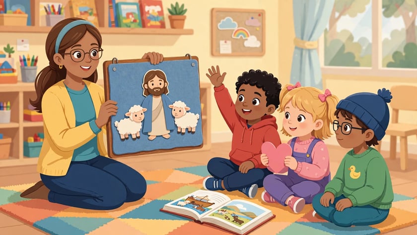 Professora mostra painel de feltro com Jesus e ovelhas a uma criança de braço levantado.