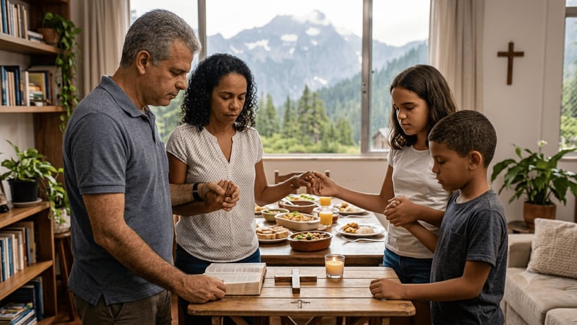 Família de quatro pessoas de mãos dadas rezando ao redor de uma mesa com comida.