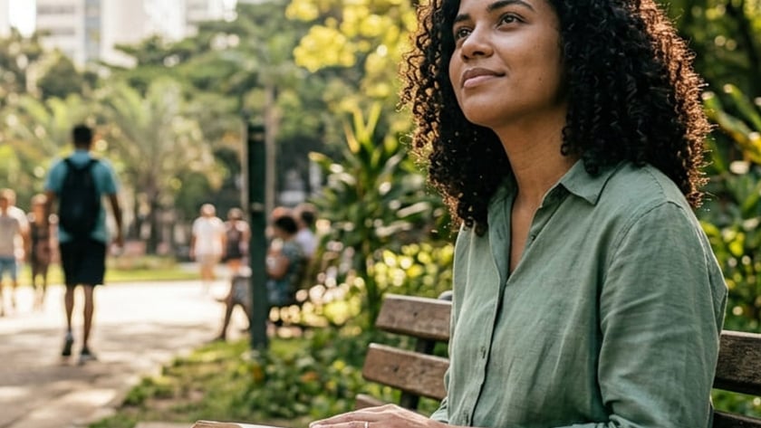 Mulher de cabelo cacheado senta num banco de parque com uma Bíblia aberta no colo.