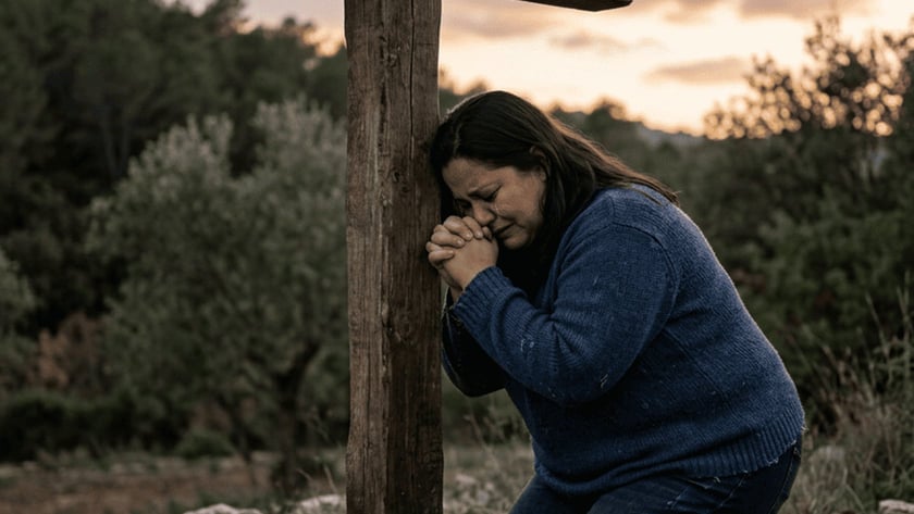 Mulher ajoelhada, de mãos postas, encosta a cabeça numa grande cruz de madeira ao ar livre.
