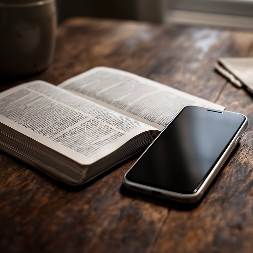 Livro aberto e celular de tela apagada lado a lado sobre mesa de madeira rústica.