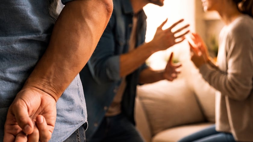 Homem com dedos cruzados atrás das costas, enquanto casal discute na sala