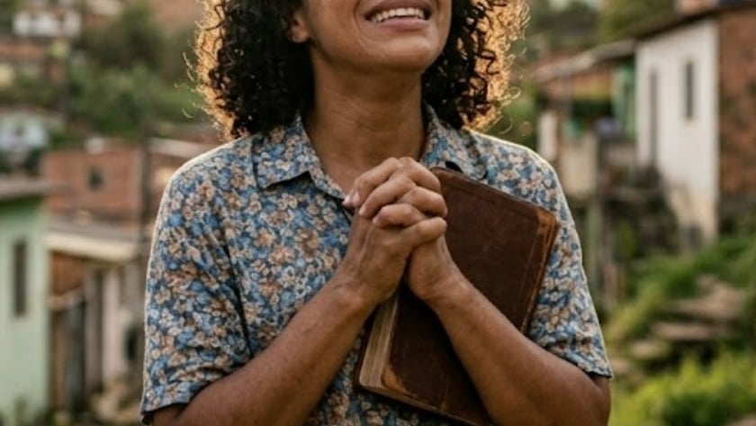 Mulher de cabelo cacheado segura um livro marrom, de mãos unidas