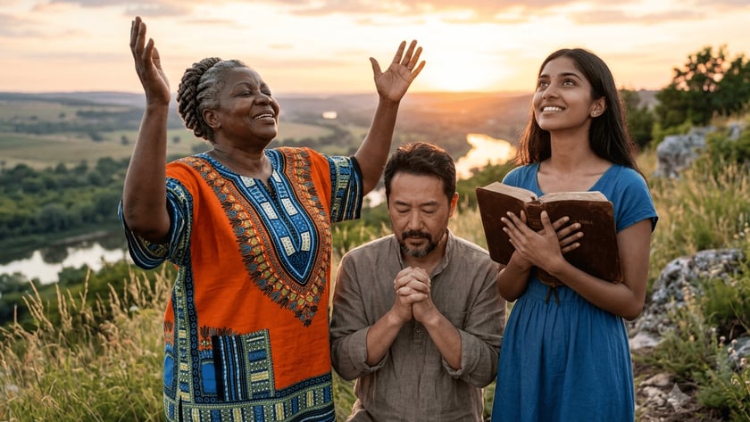 Três pessoas rezam ao pôr do sol em um morro: uma de braços erguidos, um ajoelhado, uma com Bíblia.