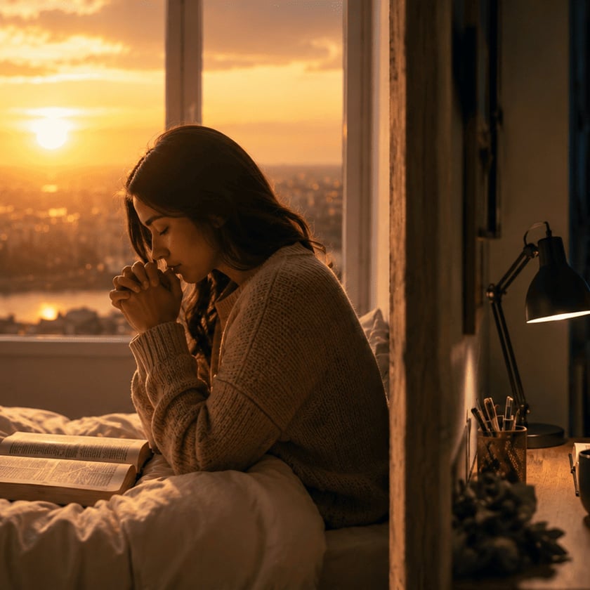 Mulher de cabelo escuro, com as mãos postas, ora num quarto ao pôr do sol.