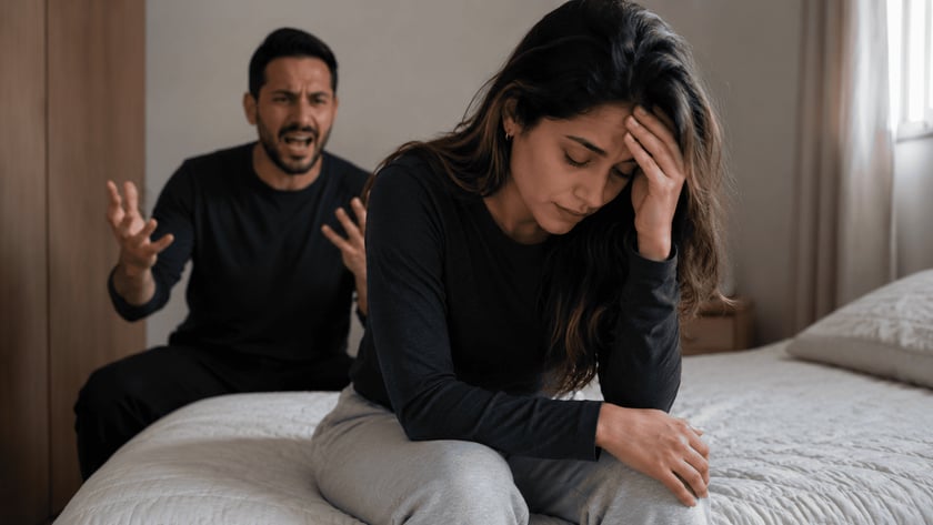 Mulher sentada na cama com a mão na testa, enquanto homem atrás grita e gesticula.