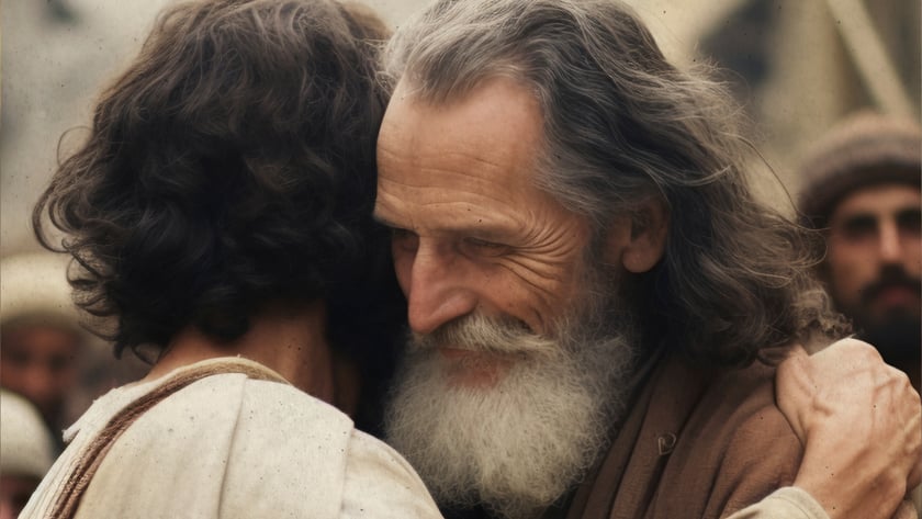Dois homens se abraçam; um idoso de barba branca sorri, cercado por outros homens.