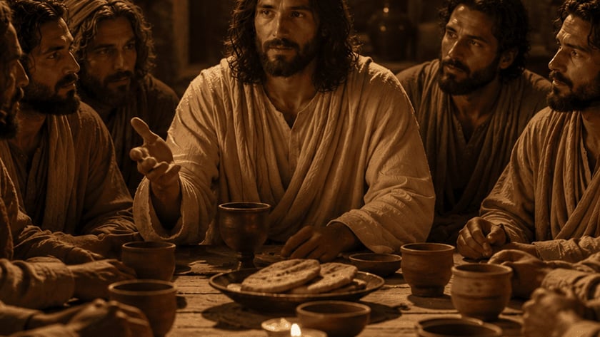 Homens de túnica sentados ao redor de uma mesa de madeira com pães e taças, à luz de velas.