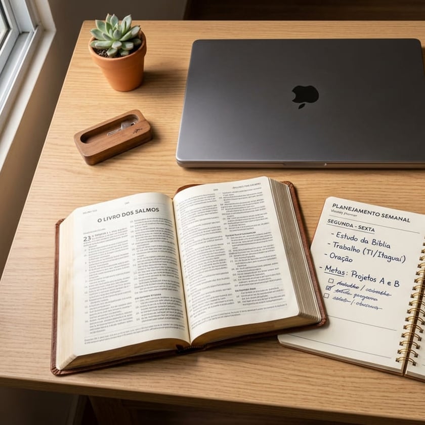 Mesa de madeira com Bíblia aberta, notebook fechado, suculenta e agenda: "Planejamento Semanal".