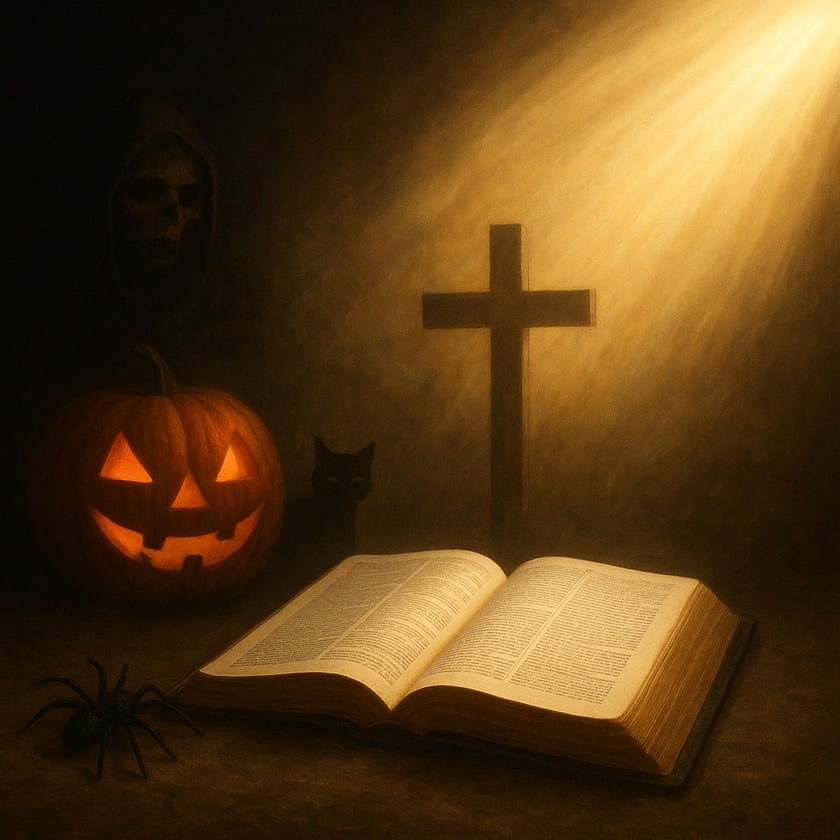 Abóbora de Halloween, gato preto, aranha e figura encapuzada ao redor de uma Bíblia aberta