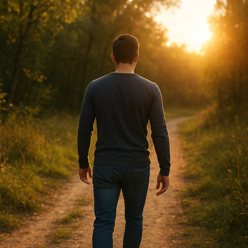 Homem de costas, de camisa escura e jeans, caminha por uma trilha de terra na mata.