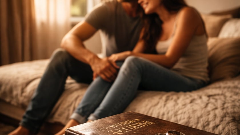 Casal sentado abraçado na cama, com aliança sobre uma Bíblia em primeiro plano.