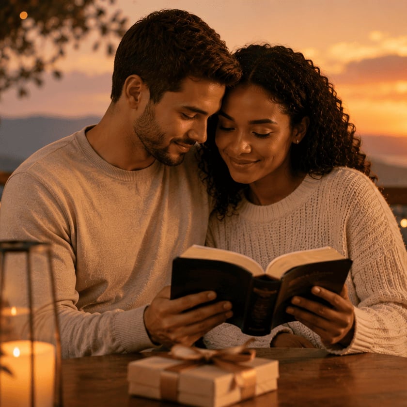 Casal de suéteres claros lê um livro juntos à mesa ao pôr do sol.