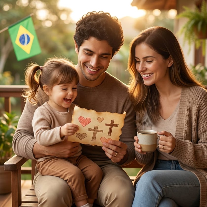 Casal sorri com criança no colo segurando desenho de corações e cruzes numa varanda.