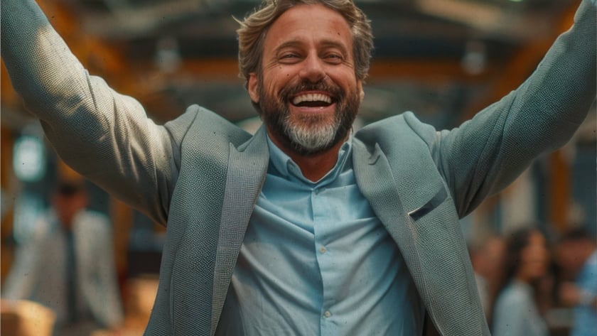 Homem barbudo de blazer cinza e camisa azul sorri com os braços erguidos em um galpão.