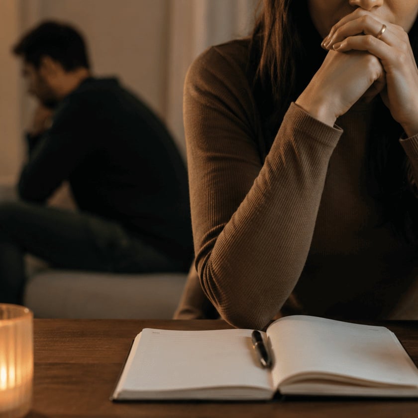 Mulher de mãos unidas diante de um caderno aberto, com homem sentado ao fundo.