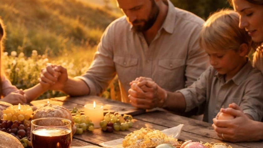 Pai e filha de mãos dadas rezando à mesa com pães, uvas, vinho e ovos.