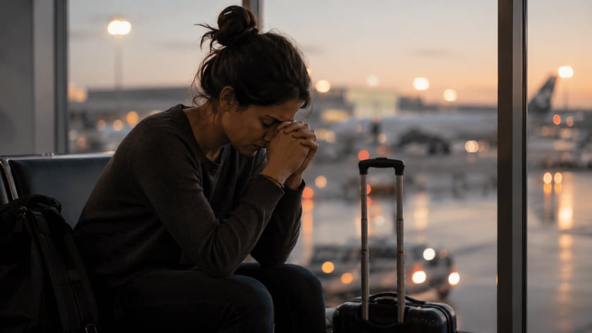 Mulher sentada com as mãos juntas diante do rosto, ao lado de uma mala, em um aeroporto.