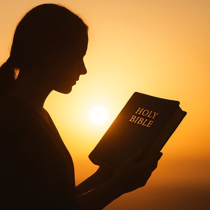 Silhueta de uma mulher lendo uma Bíblia ao pôr do sol: "HOLY BIBLE".
