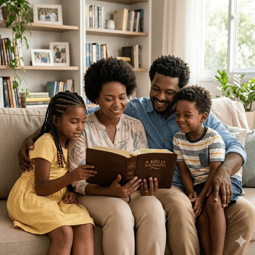 Família negra no sofá lê junta uma Bíblia, com dois filhos: "A Bíblia Sagrada".