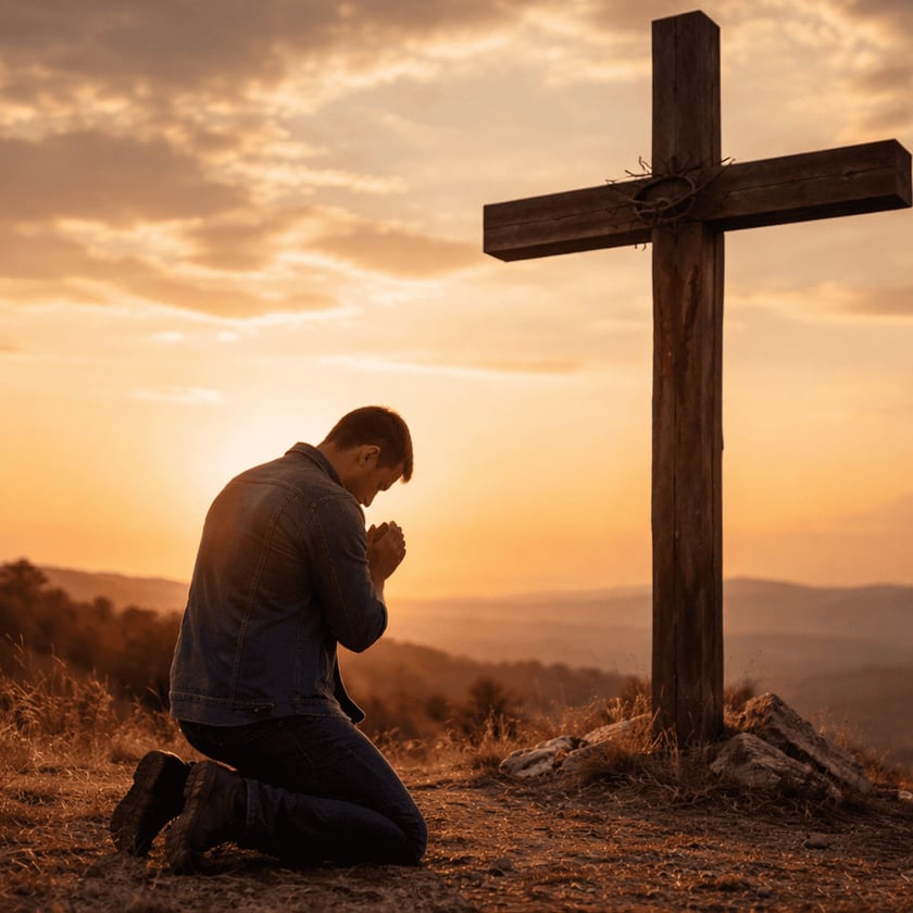 Homem ajoelhado de mãos juntas diante de uma grande cruz de madeira no alto de um morro.