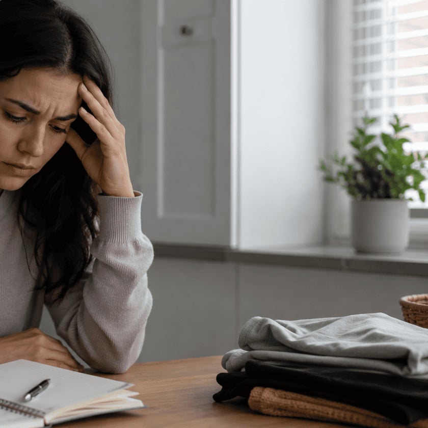 Mulher de cabelo escuro apoia a cabeça na mão à mesa, ao lado de caderno e roupas dobradas.